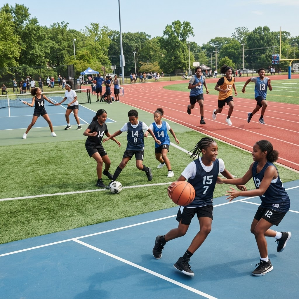 Students playing a variety of sports