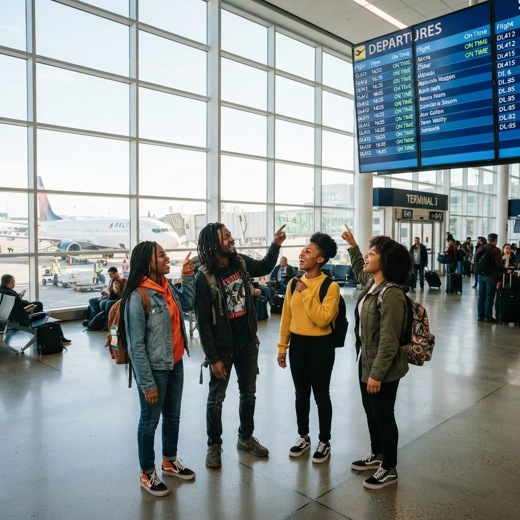 Students traveling through an airport